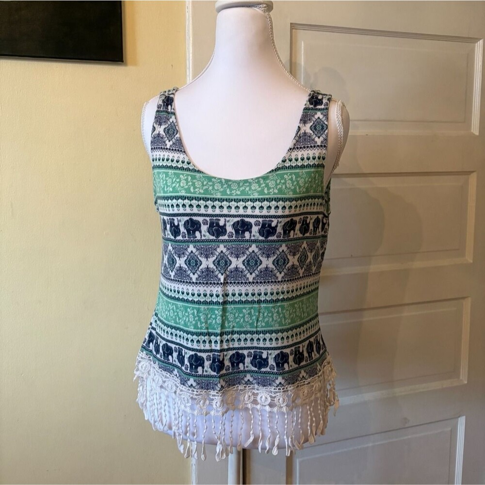 Women's tank top crop elephants fringe tassel wide strap 2000's stripes scoop